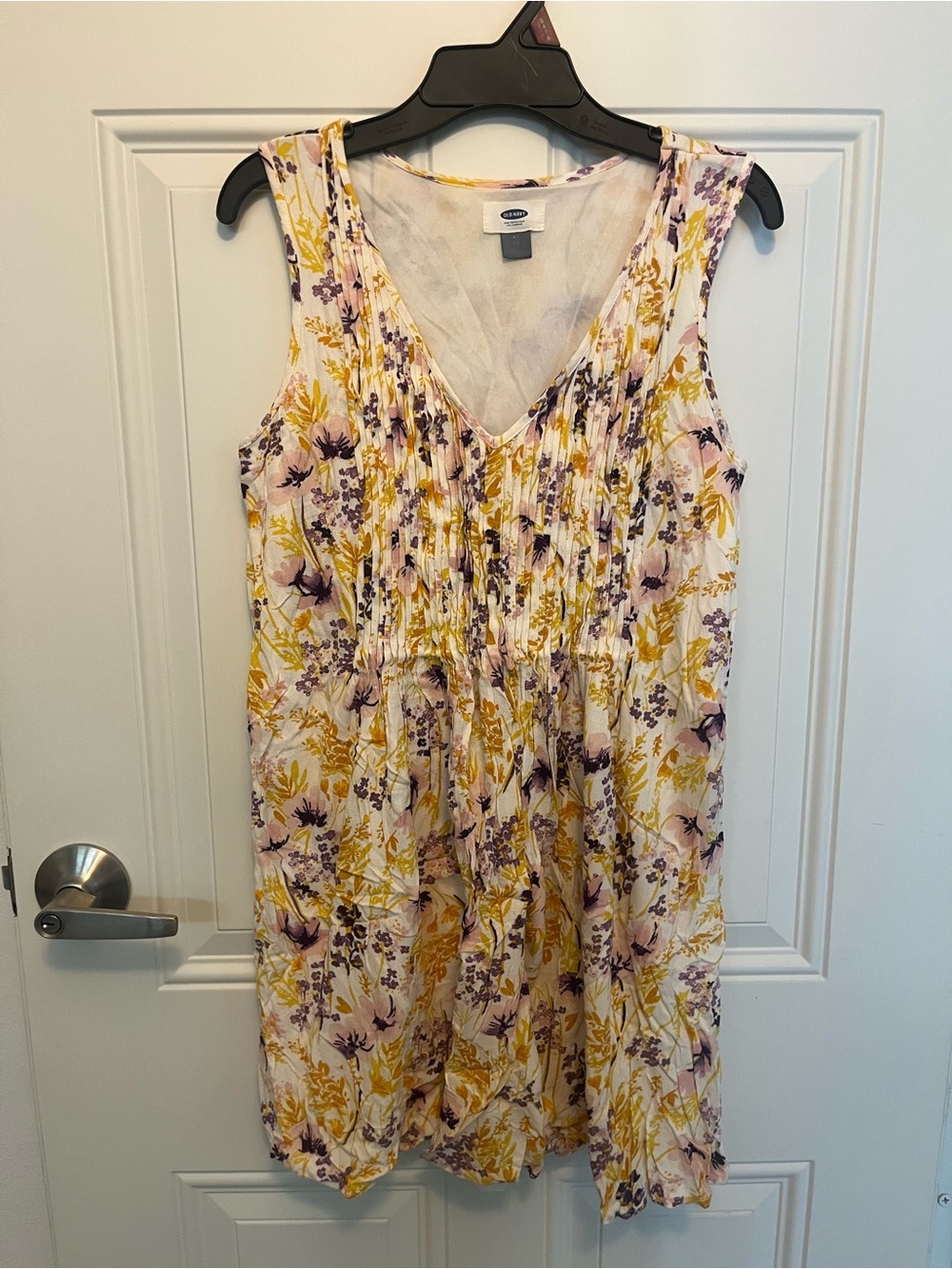 Old Navy White Floral Sleeveless V-Neck Midi Dress with Yellow & Purple Print